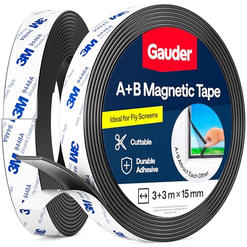 GAUDER A+B Magnetic Tape for Fly Screens & Mosquito Nets - Self-Adhesive Magnetic Strips with Strong Mutual Attraction - Magnet Tape with Counterpart & Strong Adhesive (3+3 m)