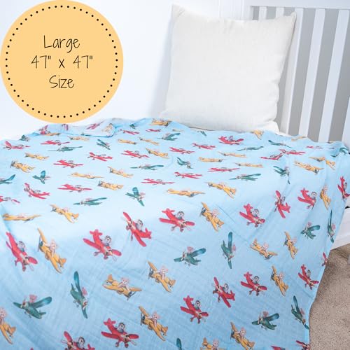 Image of LollyBanks Muslin Swaddle Blankets, 100% Cotton Breathable Baby Blanket for Boys and Girls, Soft and Lightweight 47 x 47 Inches Newborn Swaddle Wrap, Baby Essentials Must Haves (Plane and Bear Print)