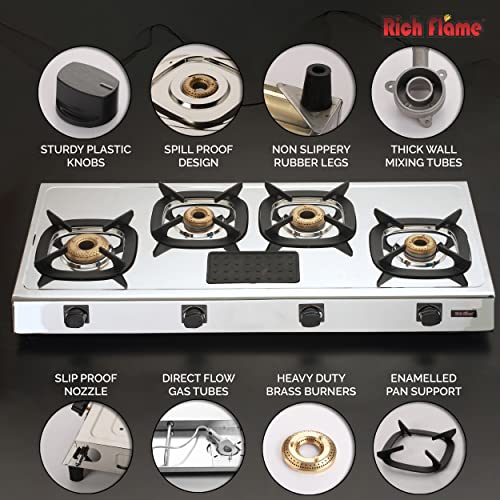 Rich Flame Gas Stove 4 Burners Steel Body | ISI Certified 4 Burner Stoves | Home & Kitchen Gas Chulha LPG & PNG Compatible | Manual Ignition... - Image 4