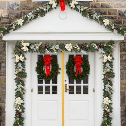 6 Feet Pre-lit Christmas Garland with Lights for Mantle, Lighted Battery Operated Outdoor Xmas Garland with 20 LED Gold Balls Pine Cones Antlers for Fireplace Front Door Stair Railing Decor