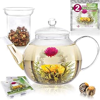 Teabloom Stovetop & Microwave Safe Glass Teapot (40 OZ) with Removable Loose Tea Glass Infuser – Includes 2 Blooming Teas – 2-in-1 Tea Kettle and Tea Maker