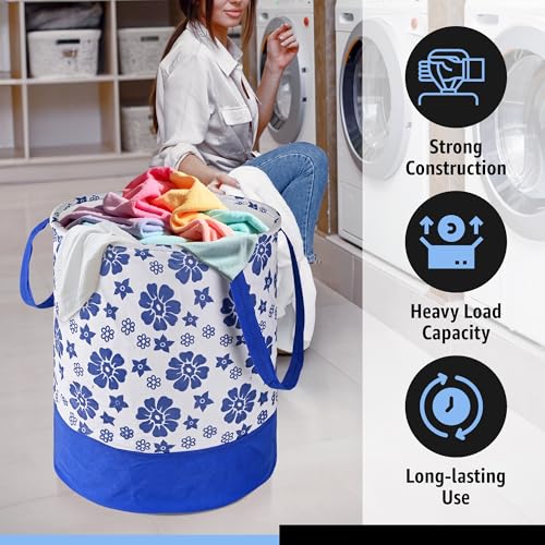 Image of Urbane Home Pack of 3 Foldable Dirty Clothes 45L Laundry Basket With Handles | Baby Unwashed Dress Bin /Storage Box | Flower Print -Blue & White
