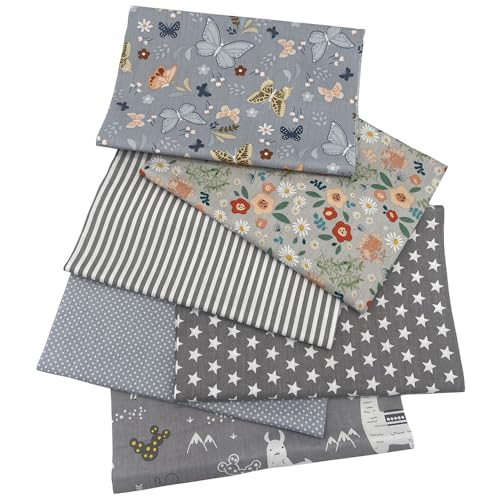 Jukway 6 Stück Baumwollstoff Meterware 50 x 50 cm Patchwork Stoffe zum Nähen Quilten DIY Dekoration Basteln Handwerken, Reine Baumwolle Stoff Bedruckte Mustern Stoffpakete (Grau)