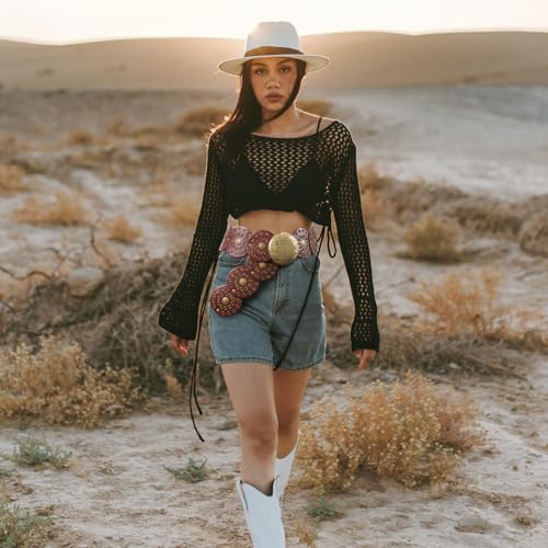 Western Belts for Woman, Boho Disk Concho Leather Belts Circle Y2k Belt, Cowboy Metal Belt Grunge Punk Accessories3