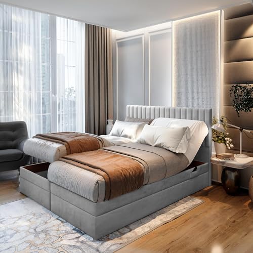TRADA Boxspringbett ADÈLE 200x200 cm - elektrische Bett mit Matratze + Tooper und Bettkasten - Stoffbezug Veloursstoff - Hellgrau
