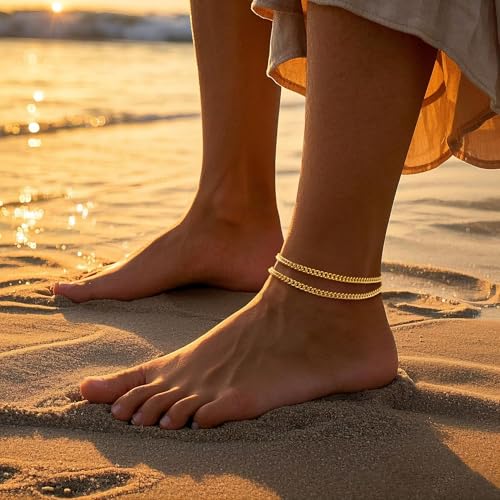 Image of DEARMAY Gold Ankle Bracelets for Women Waterproof, Non Tarnish 14K Gold Plated Beaded Link Chain Anklets, Layered Summer Beach Jewelry Gifts, Dainty Bikini Outfits for Vacation