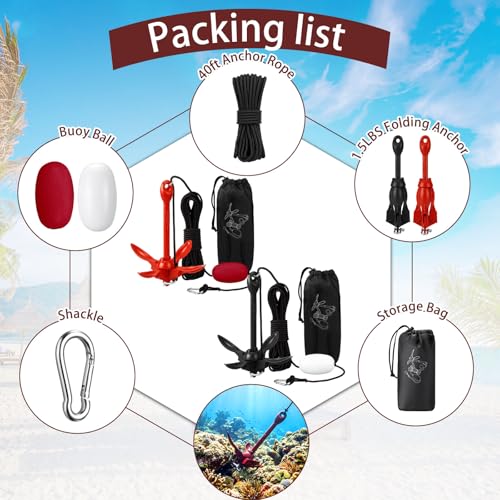 Image of Lounsweer 2 Pack 1.5 /3.5 lb Marine Kayak Anchor Kit Folding Grapnel Anchor Kit Boat Kayak Fishing Accessories for Small Boats Kayaks Canoe Paddle Boards