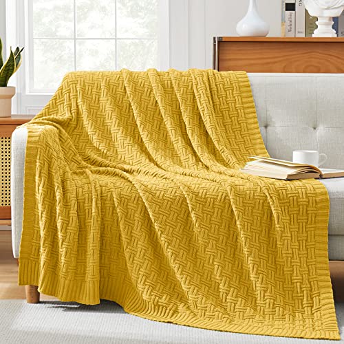 Image of TREELY 100% Cotton Knitted Throw Blanket 50 x 60 Inches, Gold Yellow