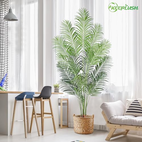 Image of Artificial Palm Tree 7ft Tall Fake Palm Tree Indoor Decor with 18 Leaves and Real Bark Design Faux Tropical Areca Palm Silk Floor Plant in Pot for Home Office Living Room Bedroom Decor 1pcs