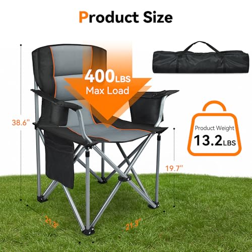 Camping Chairs, 2 Pack Oversized Heavy Duty Fully Padded Outdoor Folding Chairs with Cup Holder, Cooler Bag and Side Pocket, Support 400 LBS, Carry Bag Included, Versatile for Sports,Outdoors & Lawns - view 1