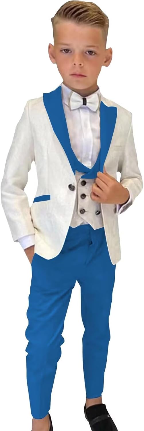 Boys Suits 3 Piece Slim Fit Suits for Boy Floral Jacquard Formal Wedding Ring Bearer Tux Outfits Kid Boys Suit Set