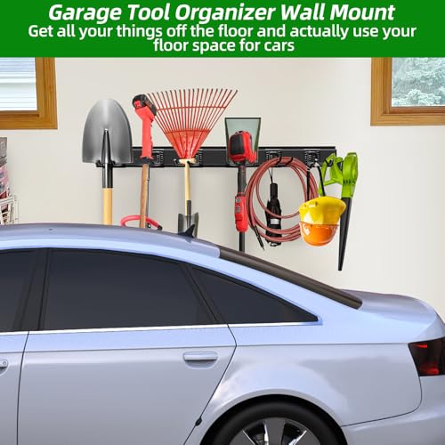 Image of PIYILO Garage Organization, Garage Wall Organizer with 48 inches Rails and 6 Hooks, Tool Organizers Heavy Duty, Shovel Holder Wall Mount Max Load 360 LBS, Sturdy Garden Tool Rack for Folding Chairs