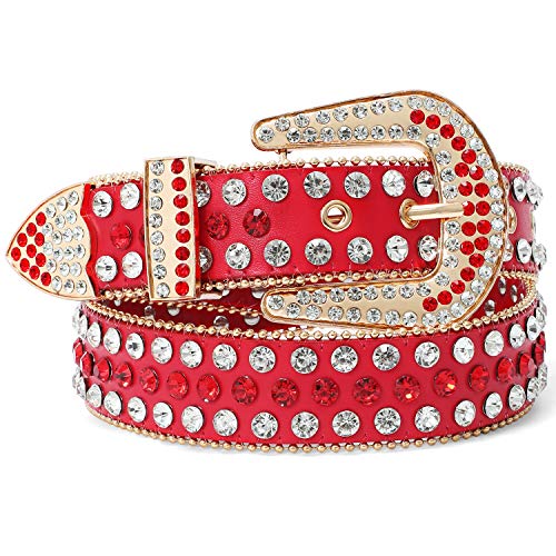 SUOSDEY Rhinestone Belt for Men Women Western Cowboy Cowgirl Bling Studded Leather Belt for Jeans Pants,Red,M