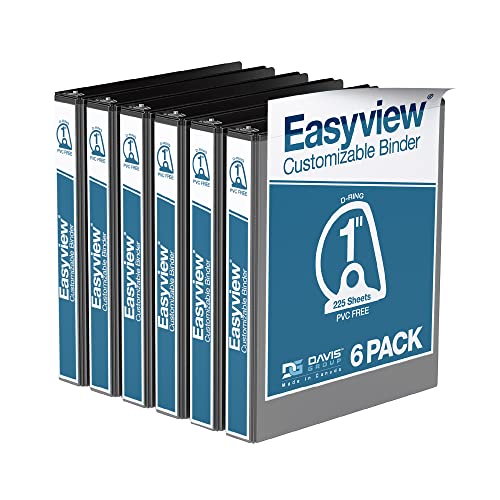 EasyView Premium 1-Inch Binders with Clear-View Covers, 3-Ring Binders for School, Office, or Home, Colored Binder Notebooks, Pack of 6, D Ring, Black