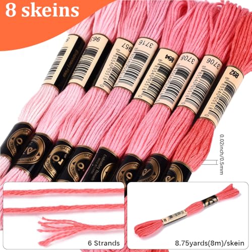 Image of 70 Yards 8 Skeins Gradient 6 Strands Hot Pink Embroidery Friendship Bracelet Thread Variegated Floss Cross Stitch Polyester Threads Assorted Bulk Set for Hand Sewing Making Crochet Supply