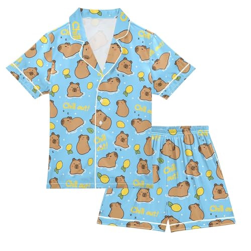 senya Chill Out Capybara with Lemon Satin Summer Pajama Sets Silk Short Sleeve Button Down Sleepwear