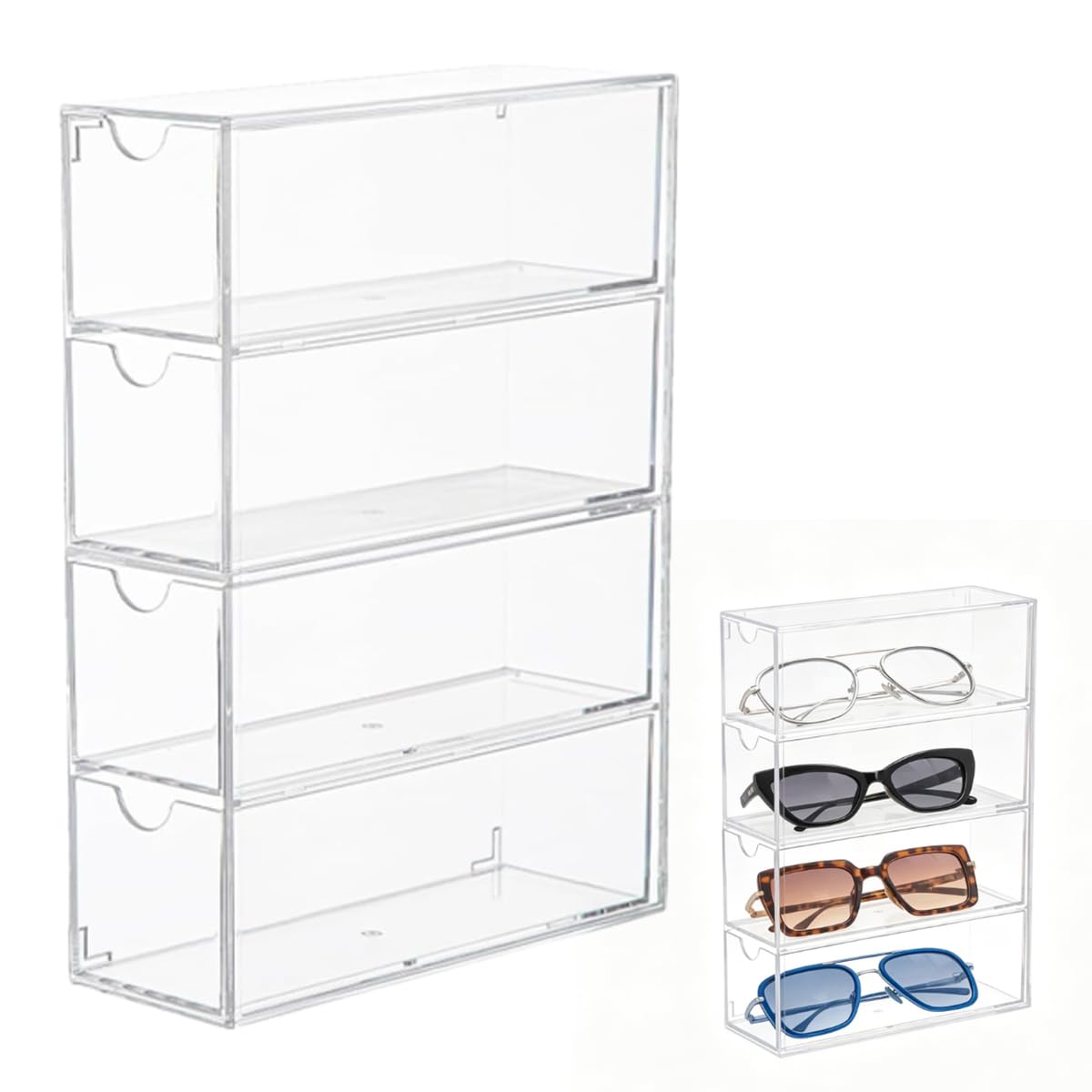 Organizador de Gafas de Sol Acrílico 24,5 x 17,5 x 6,5 cm Caja con 4 Cajones Transparente Apilable