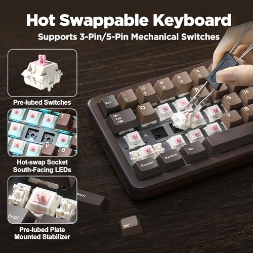Image of YUNZII WOOD68 Wireless Mechanical Keyboard,65% Layout Wood Gaming Keyboard, BT /2.4G /USB-C,RGB Backlit Tray Mount Hot-swap Keyboard with PBT Dye-Sub Keycaps for Mac & Win (Wood, Candy Switch)