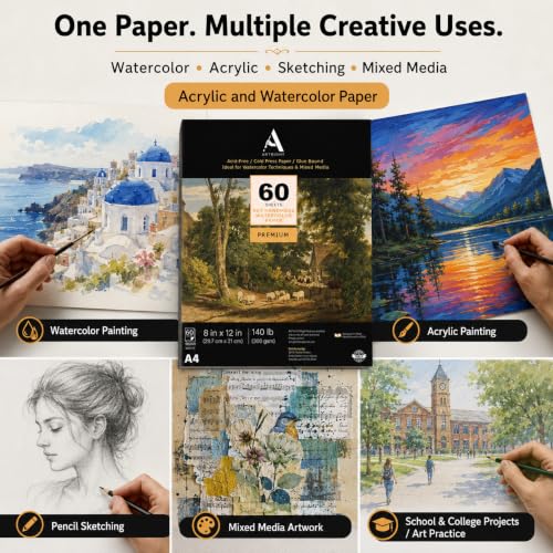 Image of ArtRight Artists' Acrylic Paper (A4 Pack of 60 Sheets, 300 GSM); 300 GSM Handmade Sheets for Gouache & Mixed Media (Papers for Acrylic & Gouache Media)
