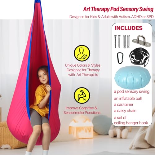 HiChrote Kids Pod Swing Seat, Max 300 Lbs, Child Sensory Swing Chair Indoor & Outdoor Therapy Hammock Chair with Hanger Kit for Calming, Effect for Autism, ADHD or SPD. (Cranberry) - Image 4