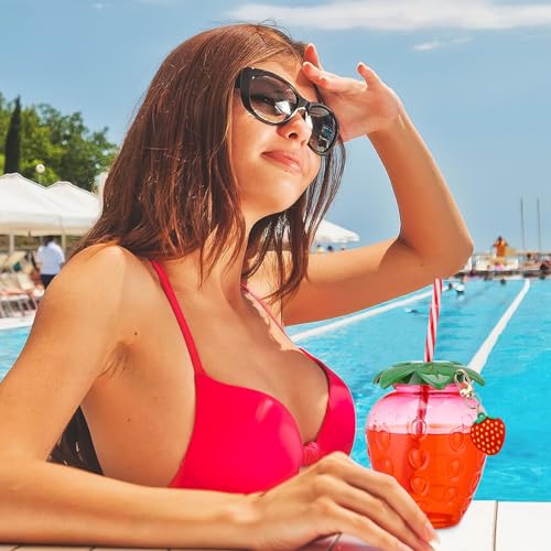 Image of Housoutil 4 Pack Strawberry Cups with Straw and Pendants, 500ml Reusable Plastic Strawberry Tumblers, Strawberries Drinking Cups for Spring Hawaiian Summer Berry First Birthday Party Decor Supplies