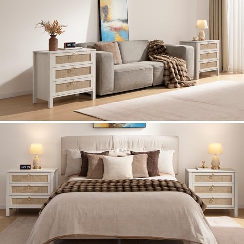 Image of SICOTAS Nightstand Set of 2 with Drawers, Rattan Nightstands, Large Modern Boho Night Stand Wide Bedside Tables for Bedroom