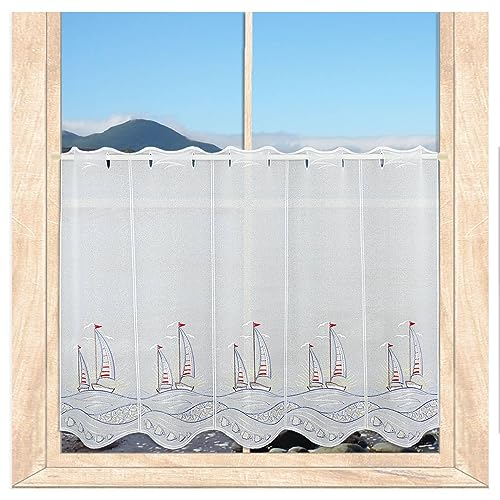 atelier alles-Spitze Maritime Scheibengardine Segelboote im Sonnenuntergang | Blickdichte Badgardine mit hochwertiger Stickerei | Höhe x Breite 80 x 112 cm