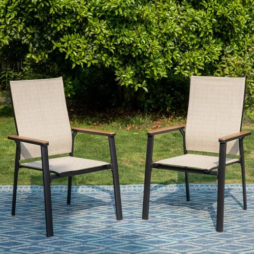 Image of PHI VILLA Outdoor Stackable Dining Chairs Set of 2 w /Aluminum Frame, Beige | Breathable & quick-drying Textilene, Space-saving, Light-weight, Weather-resistant, Patio lawn deck