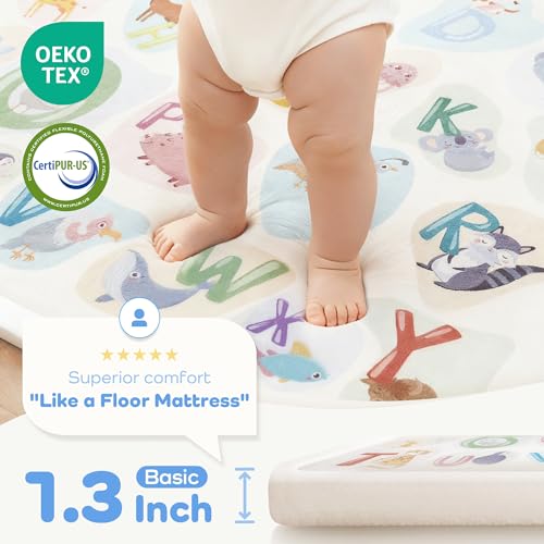 Image of 1.3 inch Thick Baby Floor Play Mat 59x79 Memory Foam Kids Mat(ABC Animal) | Padded Mat for Tummy Time Crawling, Non-Slip Plush Playmat for Nursery Playroom Classroom