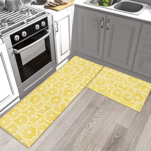 Cute Lemon Yellow Kitchen Rug And Runner Sets 2 Piece Non-Slip Bath Mats And Rugs Spring Summer Fruit Decorative Area Runners Rubber Backing Carpets Floor Sink Doormat #TOP1