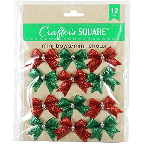 Crafter's Square Christmas Miniature Decorative Glitter Tie-On Christmas Bows - Red and Green - 12 Count Small Cover