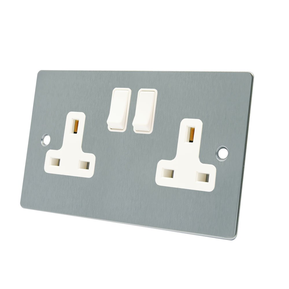 Aet Fsc2gsocwh Satin Chrome Flat 2 Gang White Insert Plastic Rocker Switches-13 Amp Double Plug Socket, 240 V 700461521396