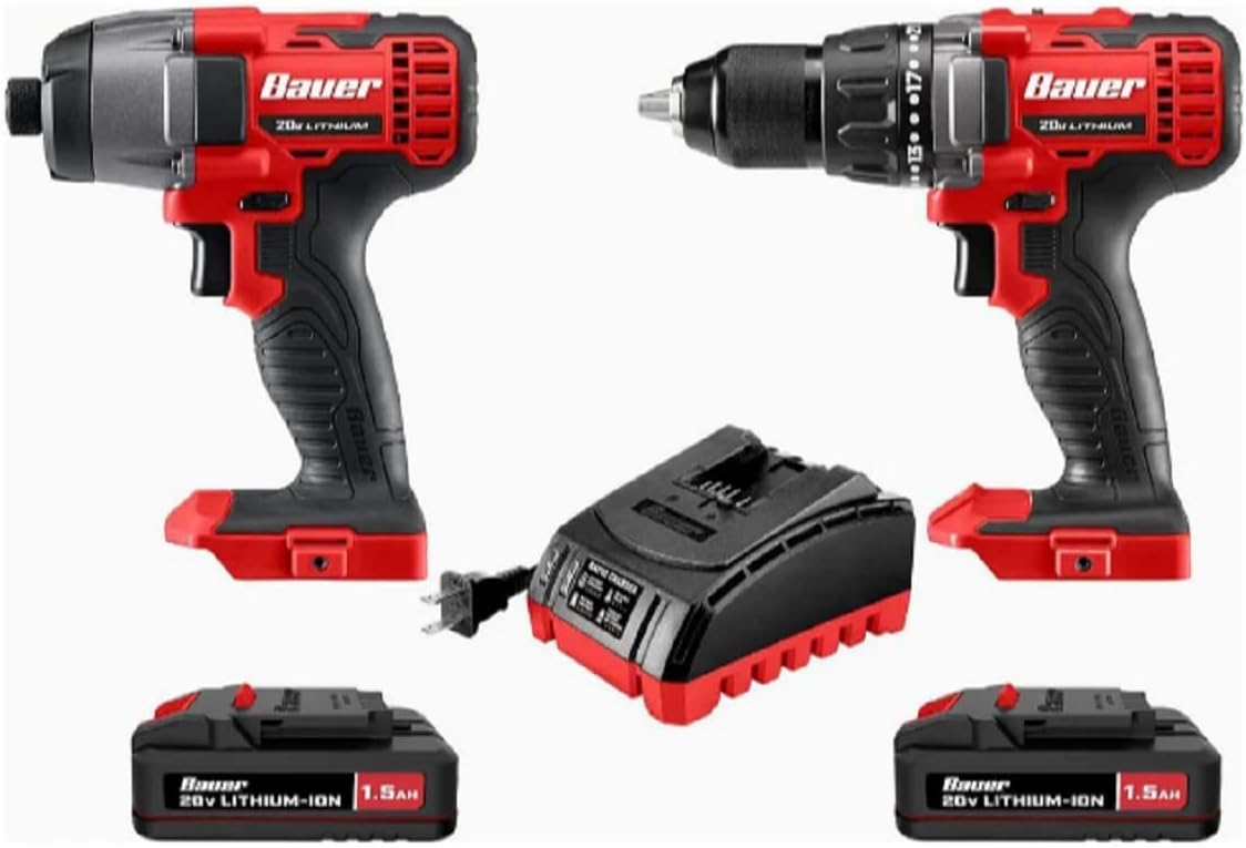 20V, 2-Tools Cordless Drill and Impact Driver Kit that Works with BAUER Batteries, Includes (2) 1.5 Ah Lithium-Ion Batteries and Charger Included impact driver delivers up to 1300 in-lbs of torque,
