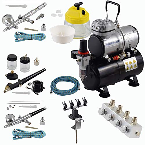 Agora-Tec® Airbrush Set PROFI XVII.13 mit Kompressor 4 bar/20 l/min, 3L Tank, 3 Pistolen inkl. Nadeln/Düsen 0,2/0,3/0,5/0,8 mm + regelbarer 4-fach Luftdruckverteiler + Halter + Clean Pot + 3 Schläuche