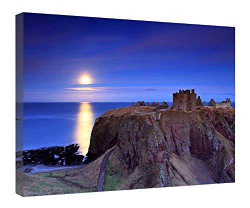 Tableau lune sur château ruines falaise côtière avec cadre en bois pour décoration murale