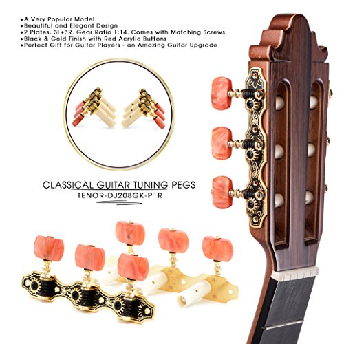 DJ208GK-P1R TENOR Classical Guitar Tuners, Tuning Key Pegs/Machine Heads for Classical or Flamenco Guitar with Black and Gold Plated Finish and Red Buttons. - Thumbnail 5