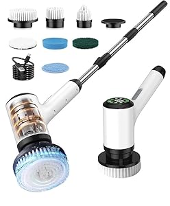 Lxlu Electric Spin Scrubber, Cordless Cleaning Brush, Bathroom Shower Scrubber with 7 Replaceable Brush Heads, 2 Adjustable Speeds, Extension Handle, IPX7 Waterproof for Tub Tile Floor Car, White-o2.