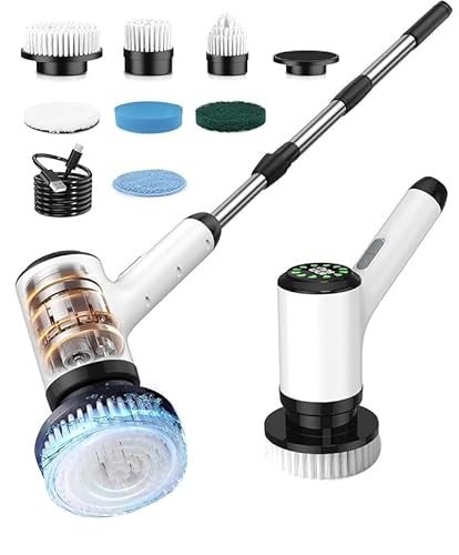 Electric Spin Scrubber, Cordless Cleaning Brush, Bathroom Shower Scrubber with 7 Replaceable Brush Heads, 2 Adjustable Speeds, Extension Handle, IPX7 Waterproof for Tub Tile Floor Car13.