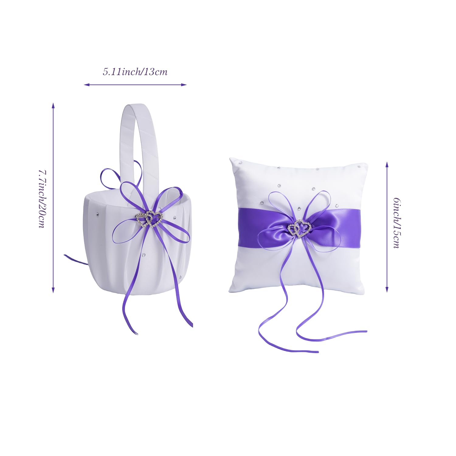 QIRMIZI Ringkissen und Blumenmädchenkorb Set - verziert mit Perlen-Strasssteinen, weißer Satin, Violett