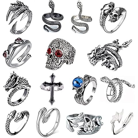 LAKIYOYO 15Pcs Vintage Punk Rings for Men Adjustable Snake Ring Dragon Rings Gothic Knuckle Stacking Finger Rings Jewelry Set Cover