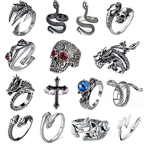 LAKIYOYO 15Pcs Vintage Punk Rings for Men Adjustable Snake Ring Dragon Rings Gothic Knuckle Stacking Finger Rings Jewelry Set