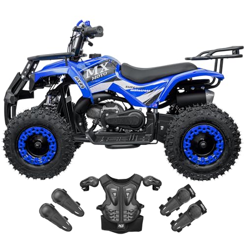 Gas ATV, 49cc Kids Gas Powered Quad, 4 Wheeler for Kids, Four Wheeler with Front Rear Shock Absorbers, Disc Brakes, Kill Switch, Pull Start, Bumper, Safety Gear, Blue