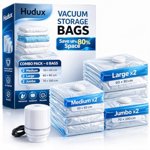 Image of 6 Combo 2x50*60,2x 60*80cm,2x70*100cm Vacuum Bags With Electric Pump for Clothes,Blankets,Pillows, Bedding,Airtight Reusable Packing Bags,Space Saver Bag,Vacuum Storage Compression Ziplock Bags