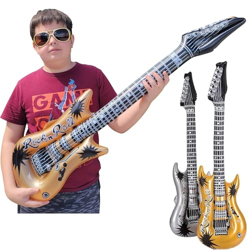 Gold and Silver Rock Inflatable Guitars (42 Inches) Vinyl. Perfect Party Favor, DJ Dance 80s Rocker (Silver and Gold, 6, Pack)