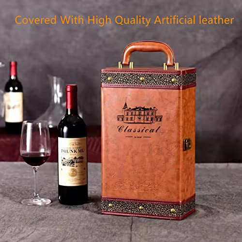 Lxllnqh Wine Gift Box With 4 Wine Accessories Set,Portable Two Bottle Wine Carrier Case For Wedding, Anniversary, Party,Travel,Vintage Leather Wine Storage Box For Home Bar Decor And Wine Collection #TOP2