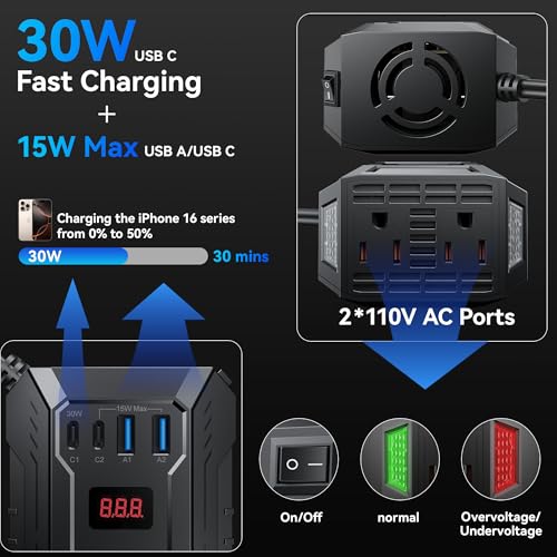 Vansoet 400W Car Power Inverter DC 12V to 110V AC (PD 30W/15W USB C + 2 USB A Ports & 2 AC Outlets) - image 3