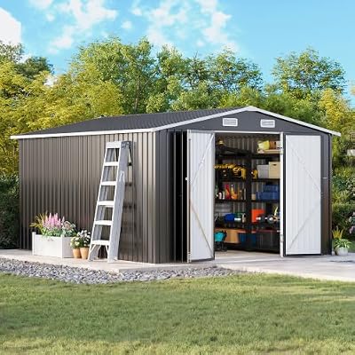 MXV 12 x 10FT Outdoor Storage Shed, Metal Garden Shed with Windows, Double Lockable Doors & Sloped Roof, Waterproof Tool Sheds for Backyard Garden Patio Lawn, Black