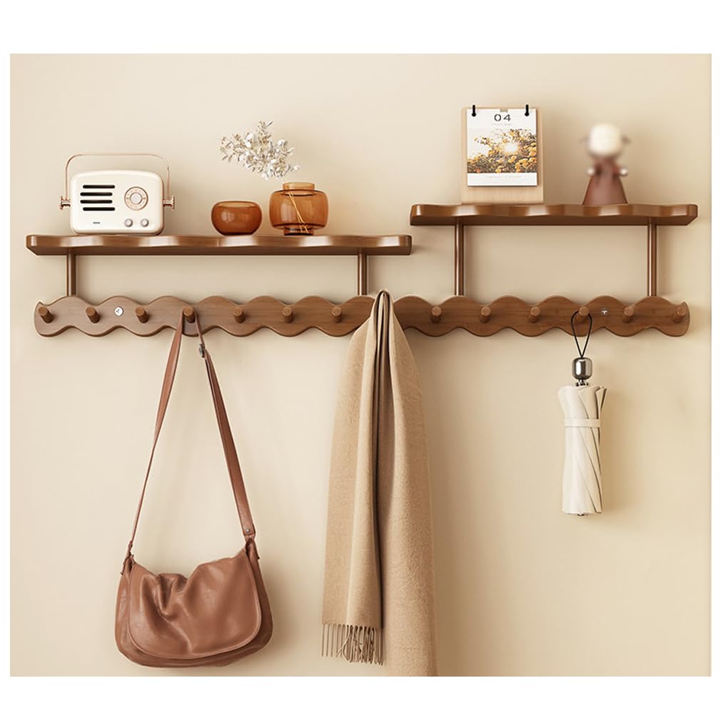 Qpkz Brown Solid Wood Coat Rack With Shelf Wall Mount, Wooden Wall Hooks Entryway Hanging Rack Coat Hooks Rail Clothes Towel Racks With Hook For Coat, Bag, Towel 14Hook