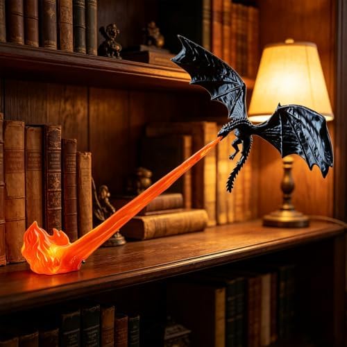 Dragon Bookshelf Nook Light, Dragon Bookshelf Decor, 3D Printed Fire-Breathing Fantasy Shelf Decor, Fire Breathing Dragon Bookshelf, Nook Light Dragon (Red Flame-Small) - 4