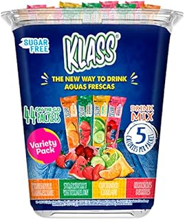 Klass Aguas Frescas, Variety Pack, Sugar Free Drink Mix, Fruit Variety Packets, On-The-Go! Powdered Drink Mix (44 Count Powder Stick Packs) 5 Calories Per Packet- Shake it up! The new way to drink Aguas Frescas.